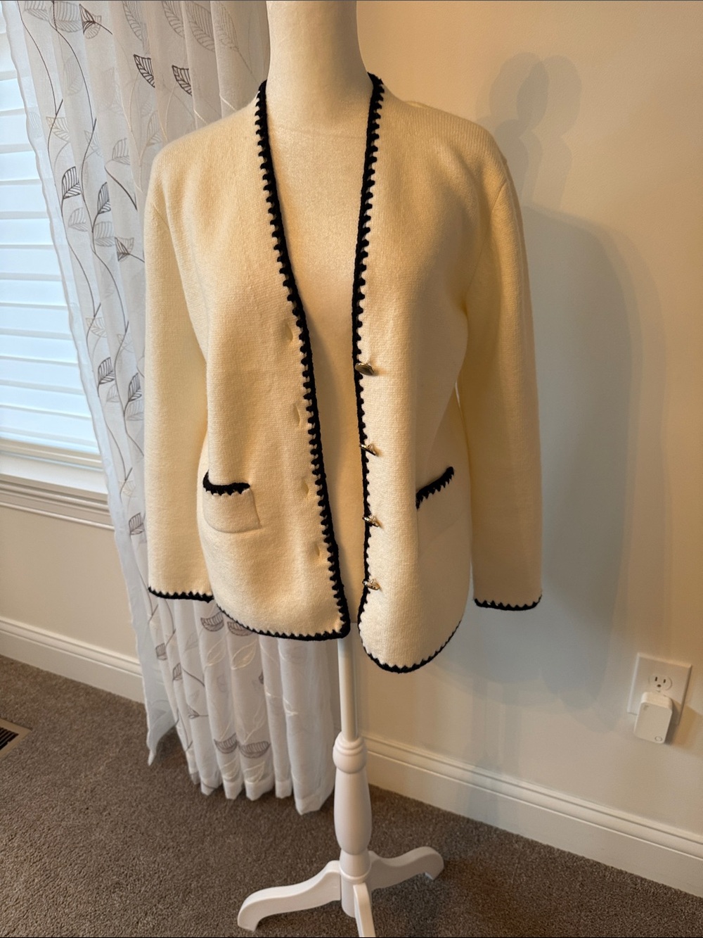 Ann Taylor White/light cream Cardigan with Black Trim